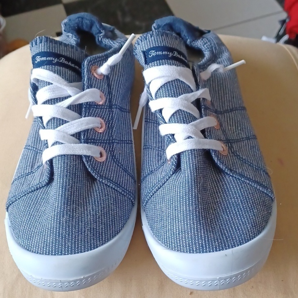 Tommy Bahama Sneakers, slip on, elastic back, blue & white striped,  7.5, EUC